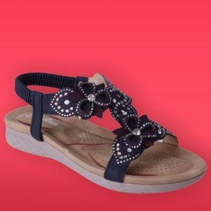 Italina Rhinestone Floral Black Elasticized Slingback Wedge Open T-strap Sandal